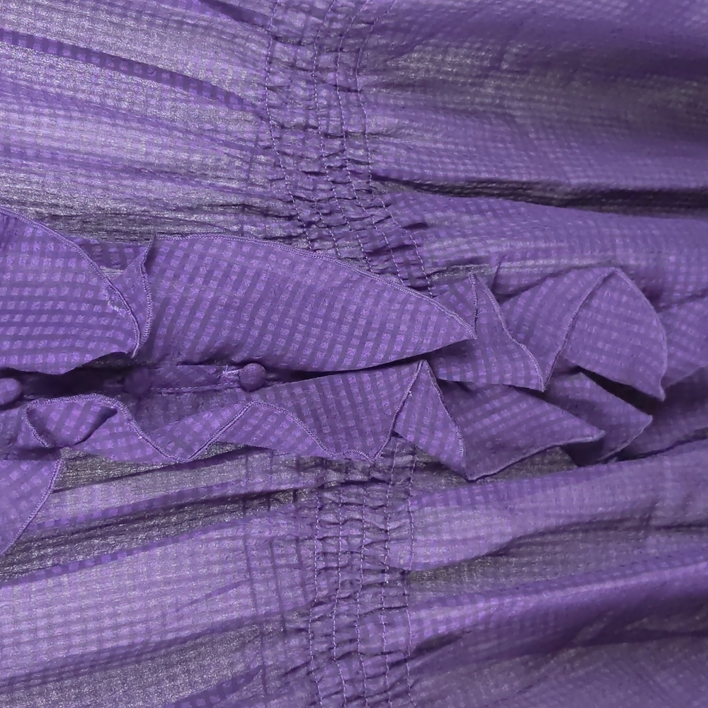 Basque Blouse Size 14 Purple Sheer Ruffle Short Sleeve Button-up Check Elastic - Picture 6 of 13